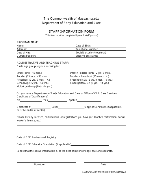 Staff Information Form - Massachusetts