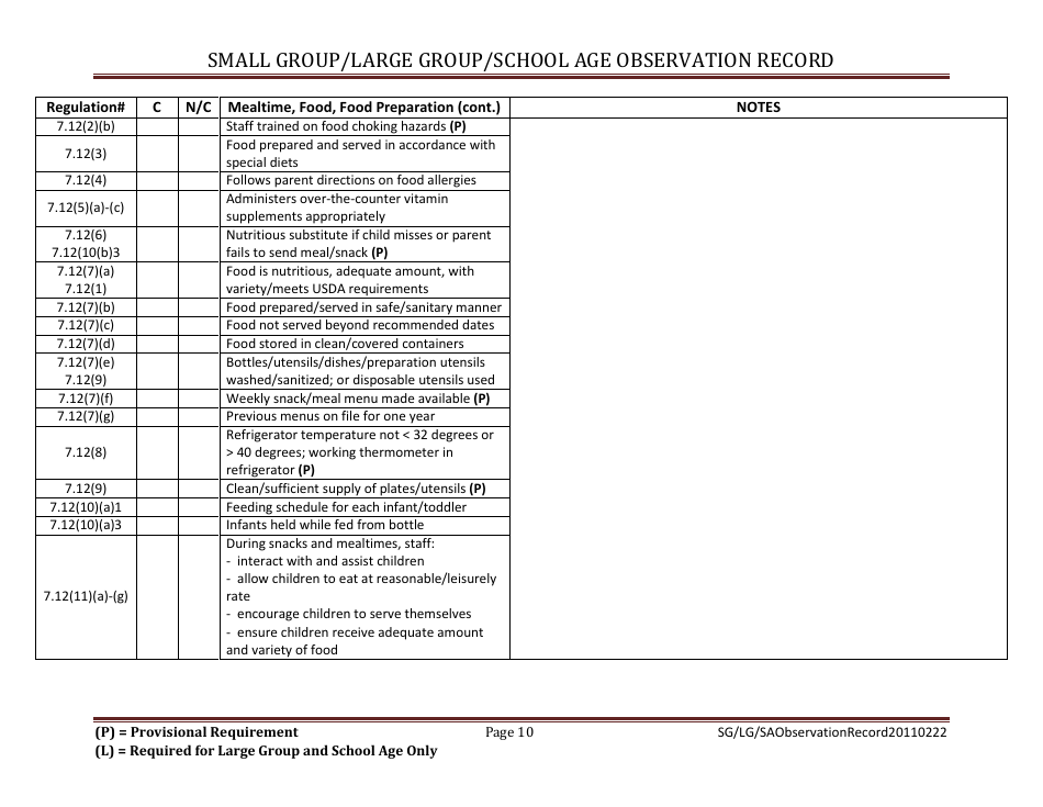 Small Group / Large Group / School Age Observation Record - Massachusetts, Page 10