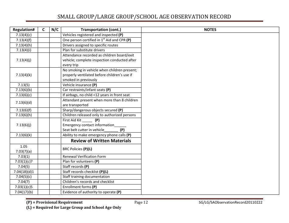 Small Group / Large Group / School Age Observation Record - Massachusetts, Page 12