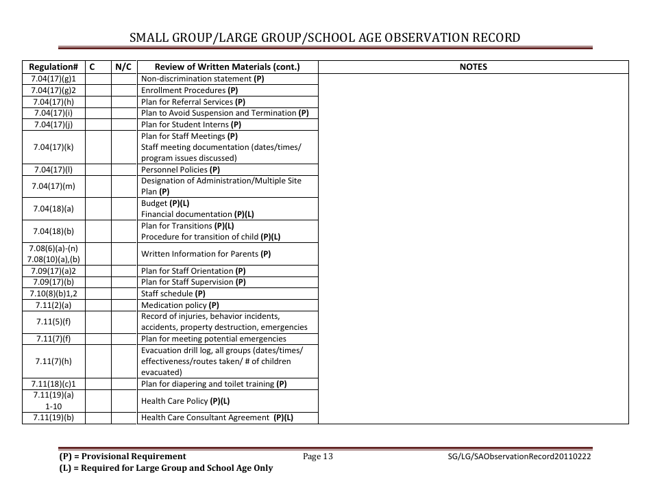 Small Group / Large Group / School Age Observation Record - Massachusetts, Page 13