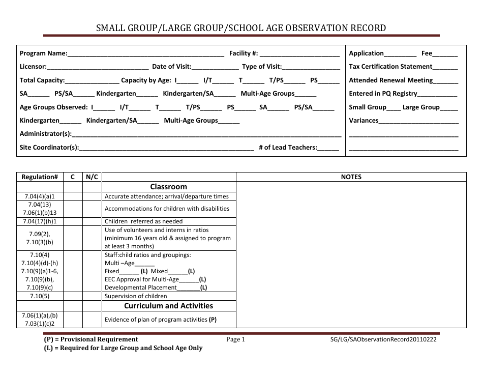 Small Group / Large Group / School Age Observation Record - Massachusetts, Page 1