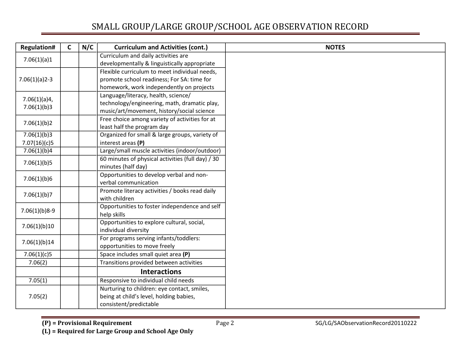 Small Group / Large Group / School Age Observation Record - Massachusetts, Page 2