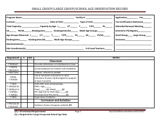 Small Group/Large Group/School Age Observation Record - Massachusetts