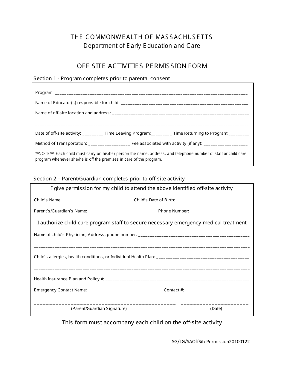 Off Site Activities Permission Form - Massachusetts, Page 1
