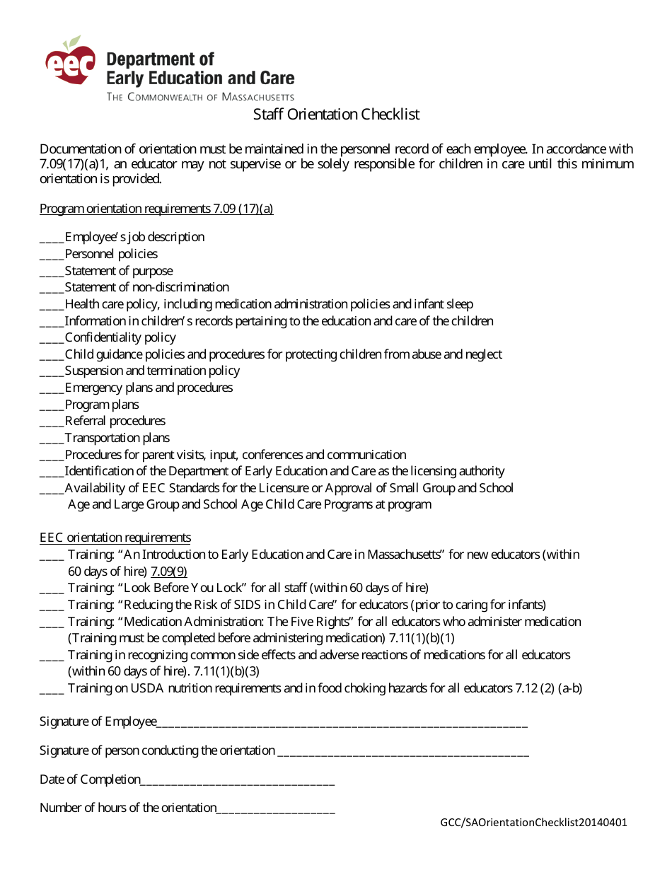 Staff Orientation Checklist - Massachusetts, Page 1