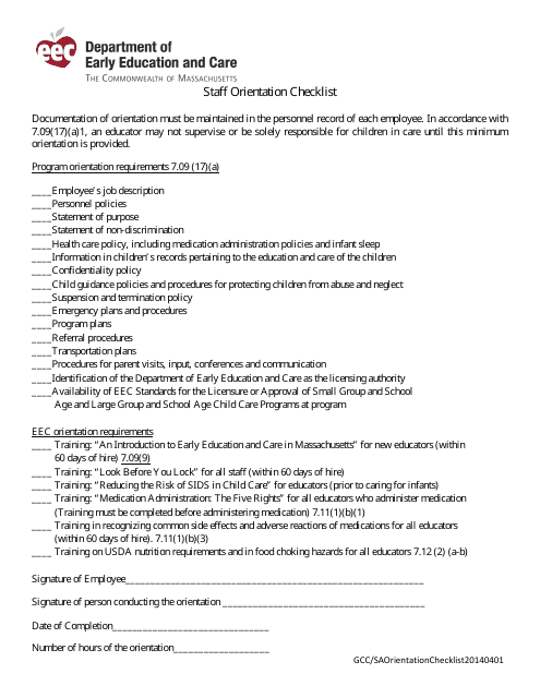 Staff Orientation Checklist - Massachusetts Download Pdf