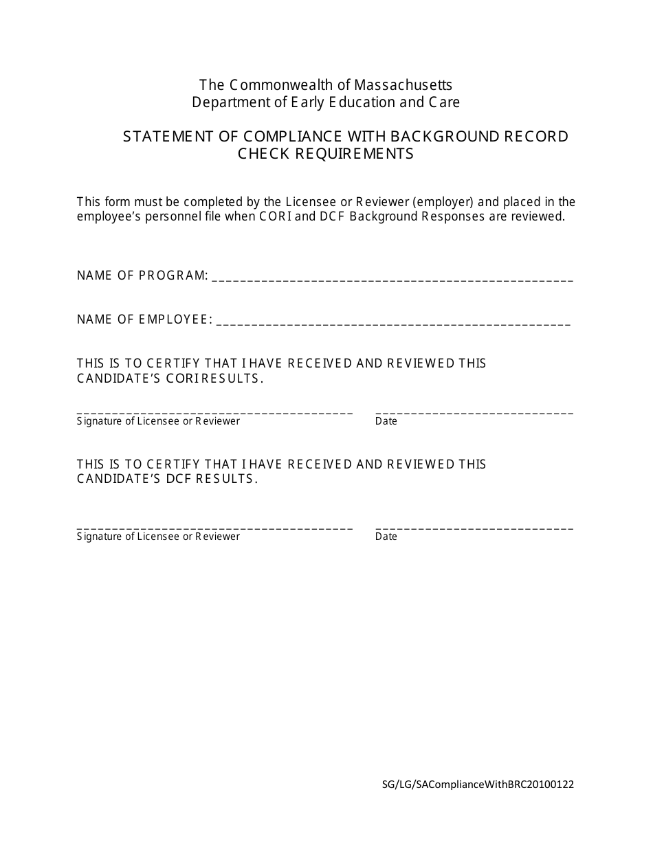 Statement of Compliance With Background Record Check Requirements - Massachusetts, Page 1