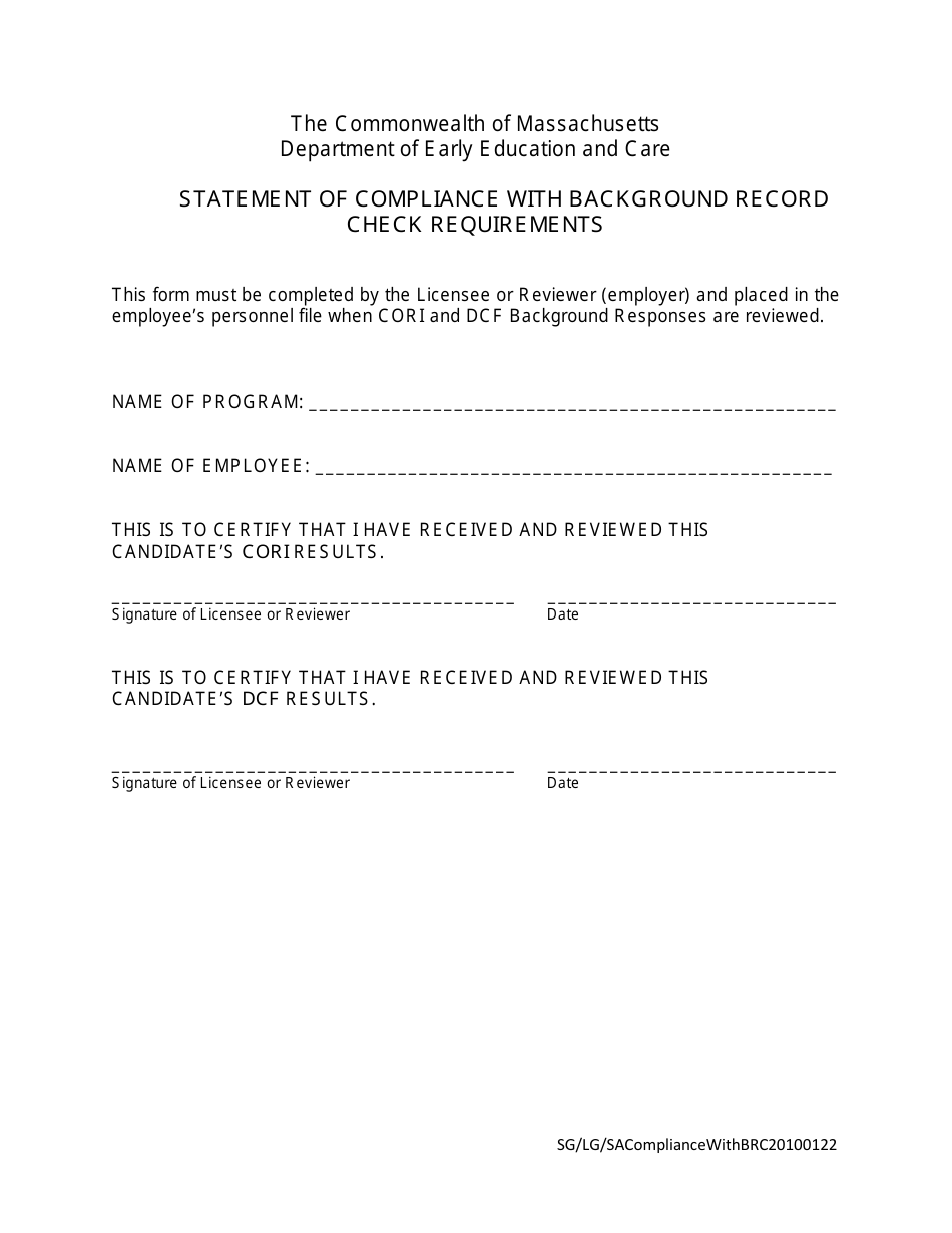 Massachusetts Statement of Compliance With Background Record Check Requirements Fill Out, Sign