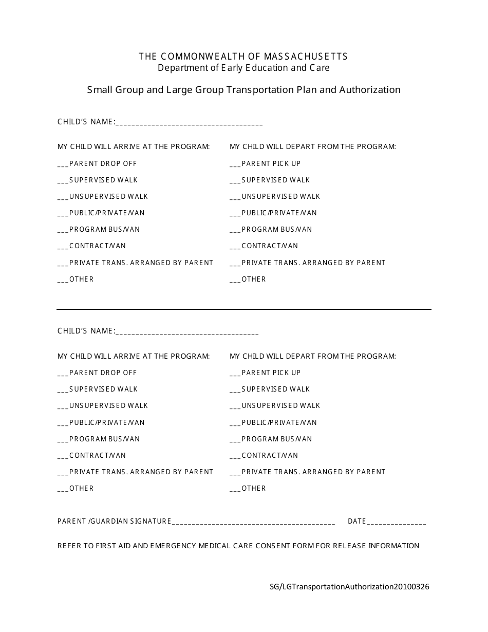 Small Group and Large Group Transportation Plan and Authorization - Massachusetts, Page 1