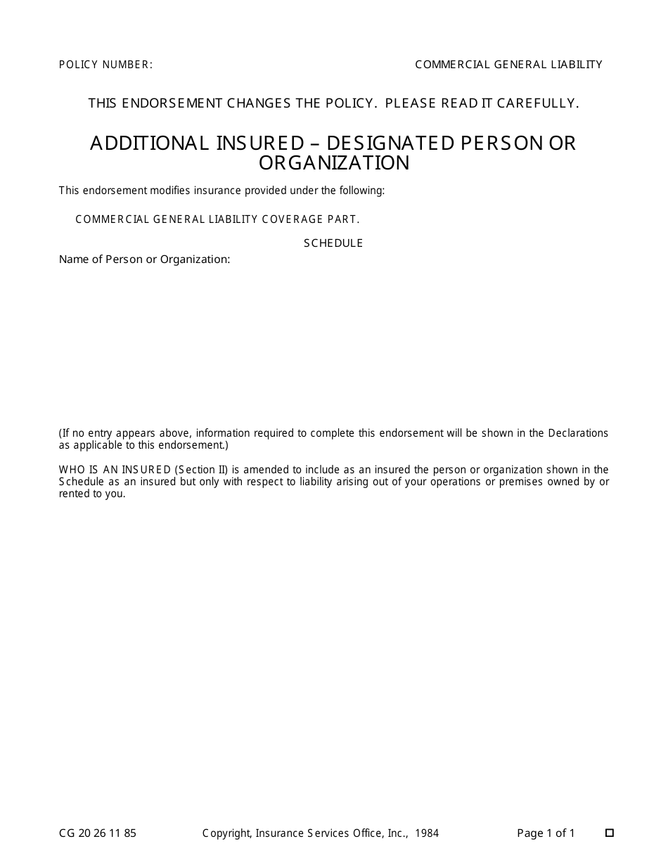 Form CG20 26 11 85 Additional Insured  Designated Person or Organization - Nevada, Page 1