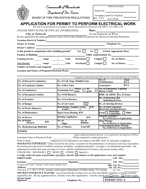 Application for Permit to Perform Electrical Work - Massachusetts Download Pdf