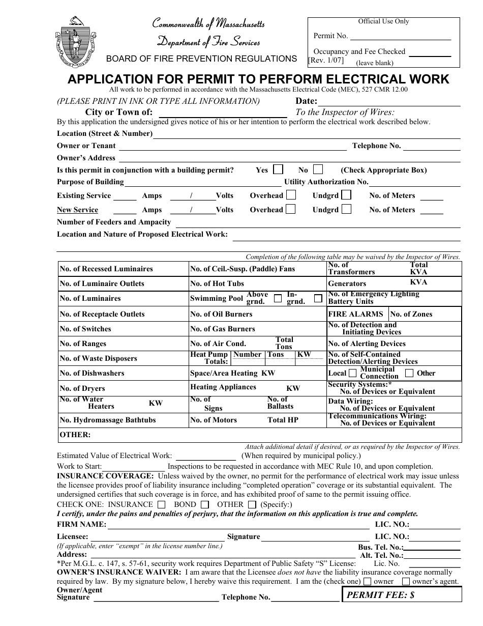Massachusetts Application for Permit to Perform Electrical Work Fill