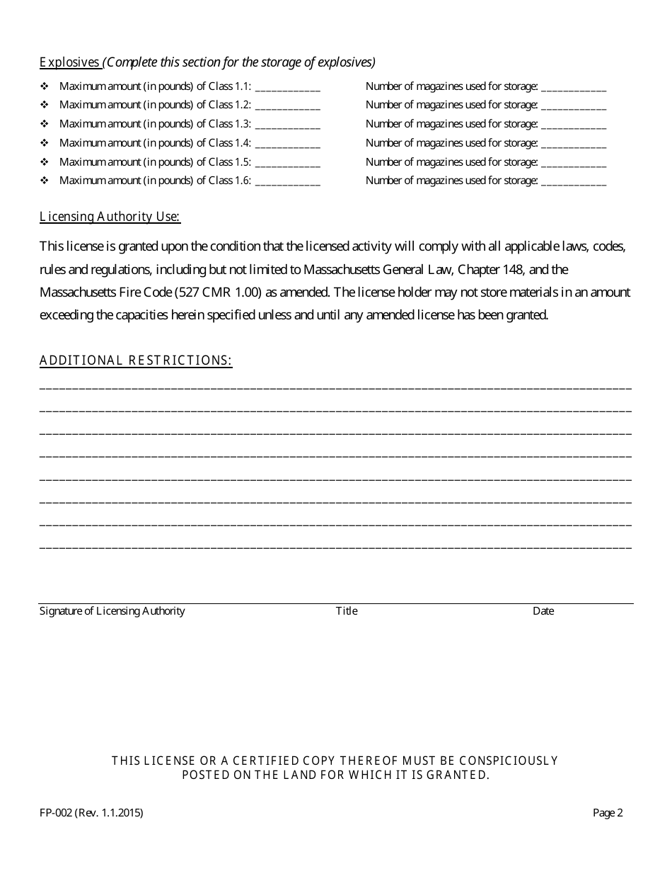 Form FP-002 License for Storage of Flammables and Combustibles / Lp Gas / Explosives / Fireworks - Massachusetts, Page 2