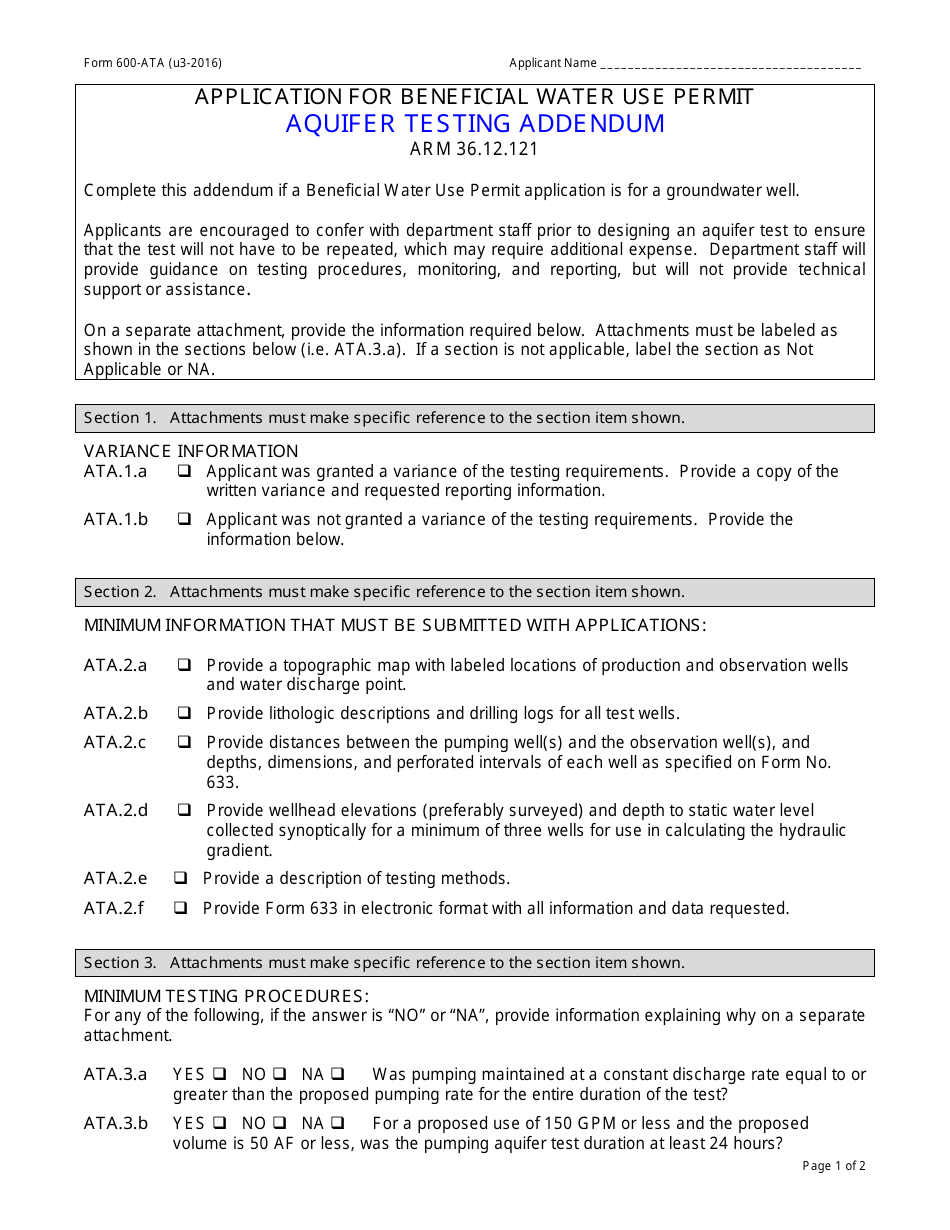 Form 600-ATA Aquifer Testing Addendum - Montana, Page 1