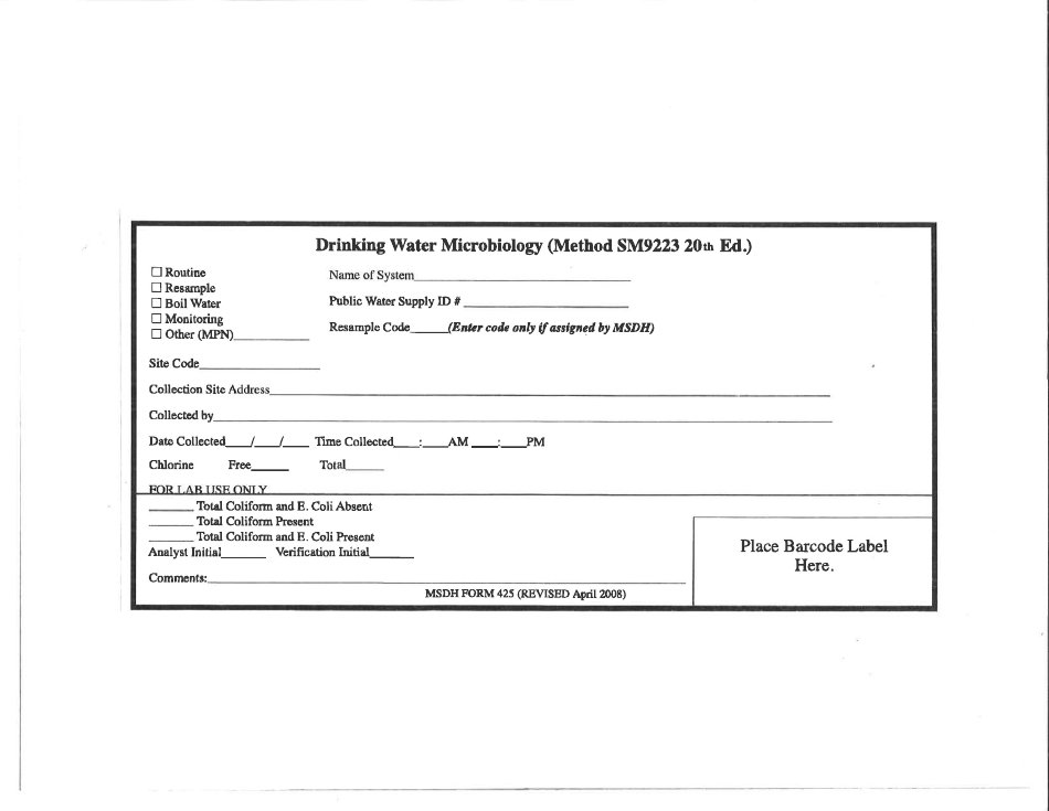 Form REQ425 Drinking Water Microbiology - Mississippi, Page 1