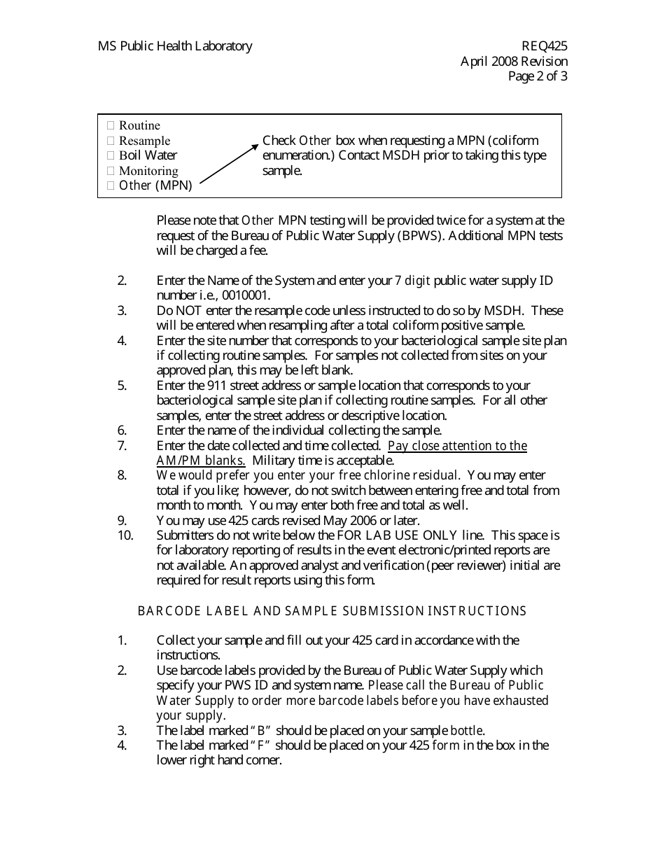 Form REQ425 Drinking Water Microbiology - Mississippi, Page 3