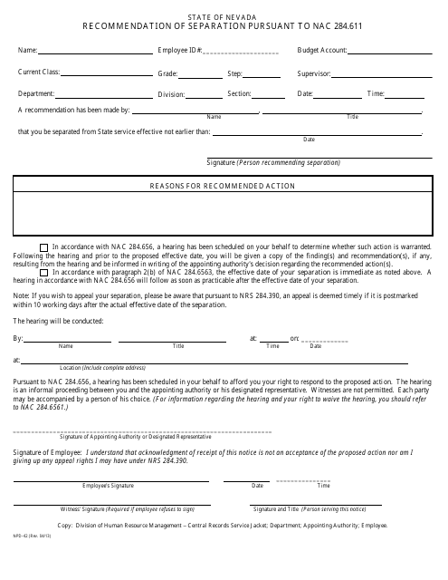 Form NPD-42 Recommendation of Separation Pursuant to Nac 284.611 - Nevada