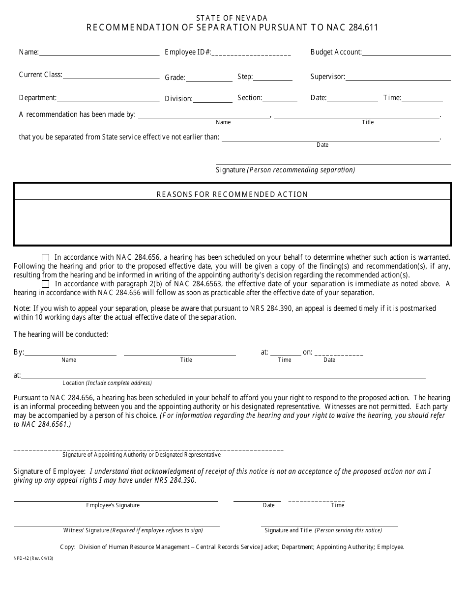 Form NPD-42 Recommendation of Separation Pursuant to Nac 284.611 - Nevada, Page 1
