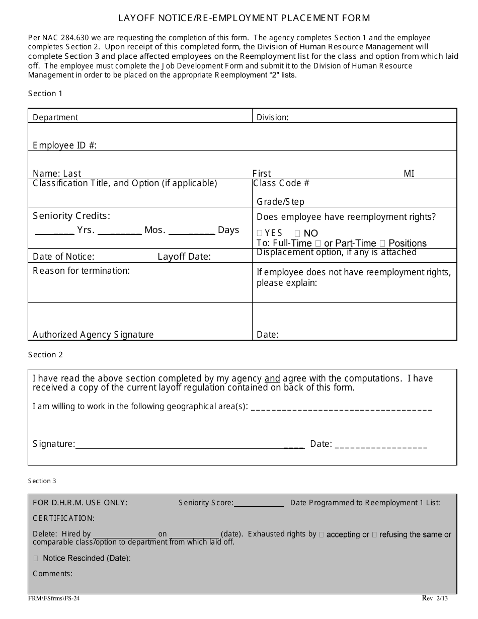Form FS-24 Layoff Notice / Re-employment Placement Form - Nevada, Page 1