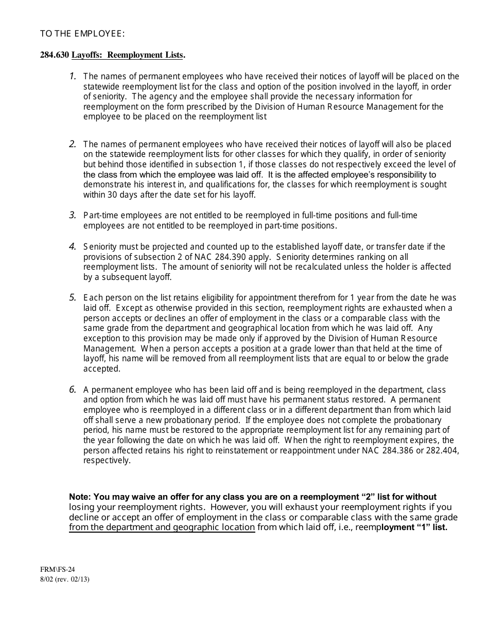 Form FS-24 Layoff Notice / Re-employment Placement Form - Nevada, Page 6