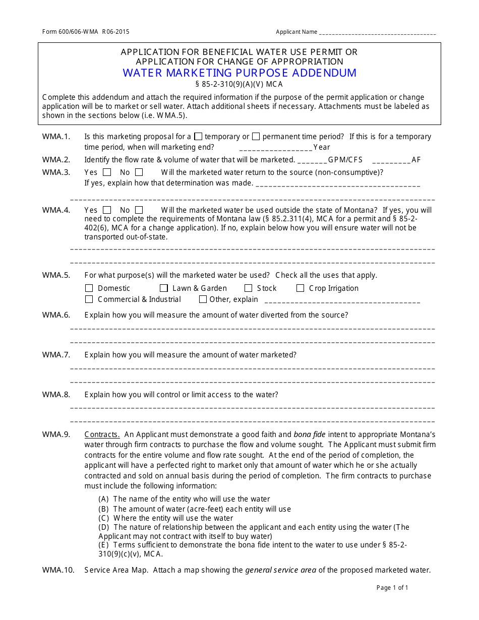 Form 600-WMA (606-WMA) Water Marketing Purpose Addendum - Montana, Page 1