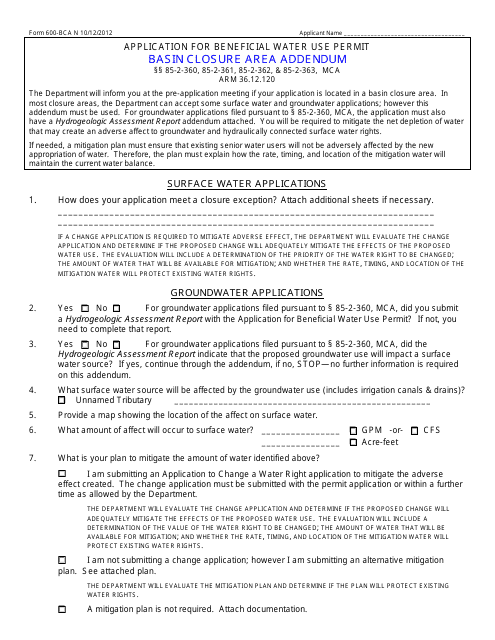 Form 600-BCA  Printable Pdf