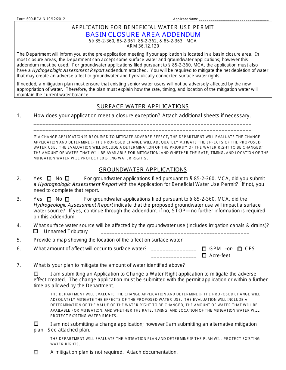 Form 600-BCA Basin Closure Area Addendum - Montana, Page 1