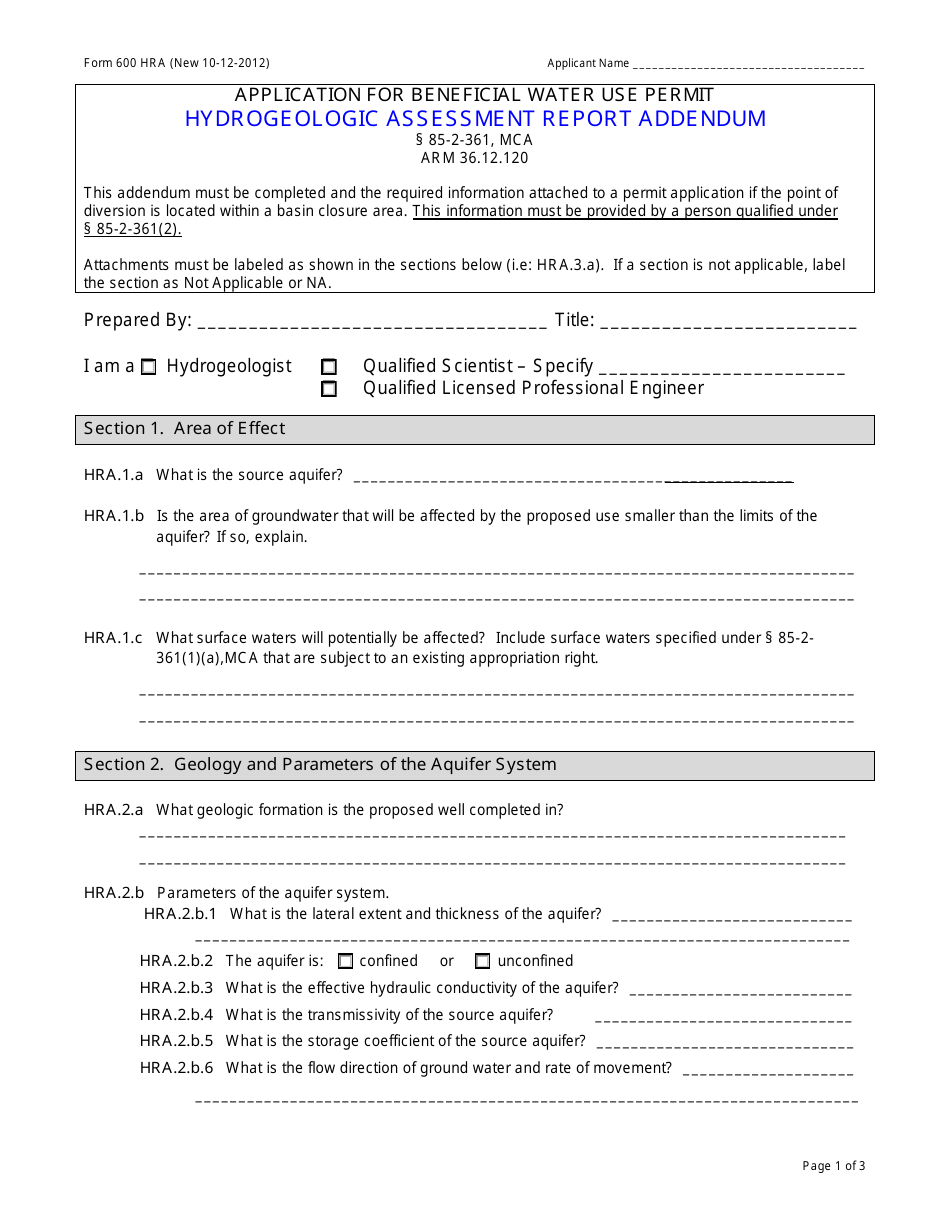Form 600 HRA Hydrogeologic Assessment Report Addendum - Montana, Page 1