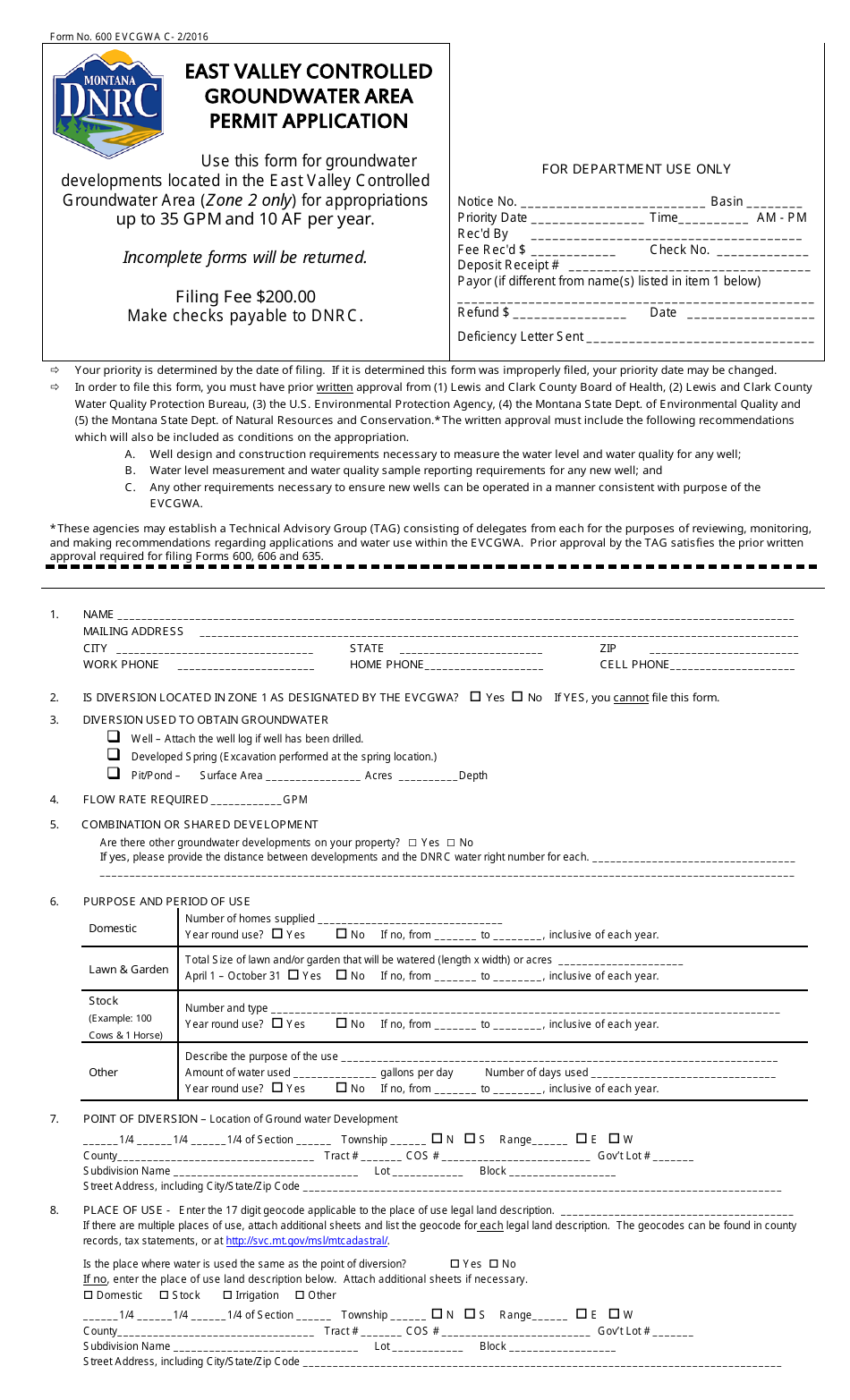 Form 600 EVCGWA East Valley Controlled Groundwater Area Permit Application - Montana, Page 1