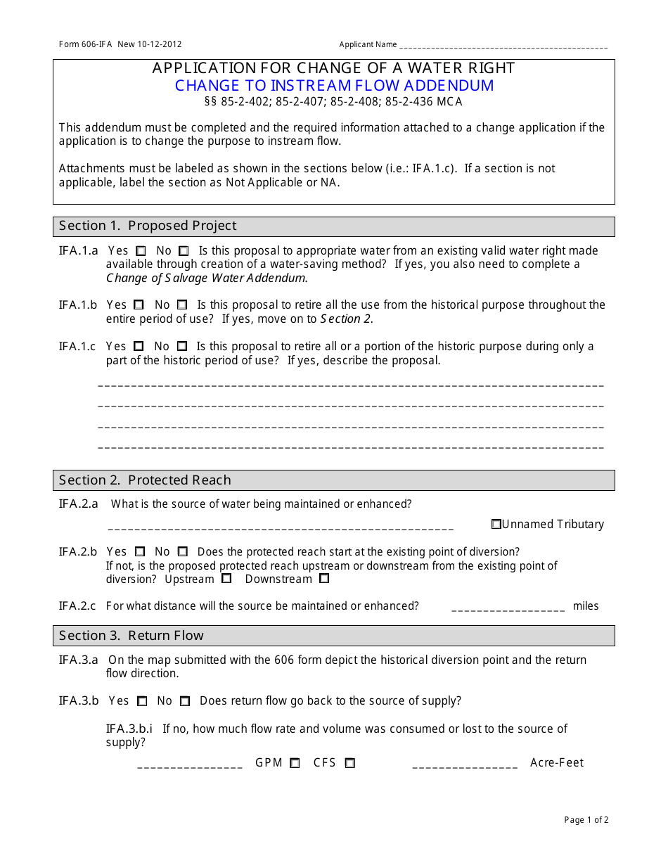 Form 606-IFA Change to Instream Flow Addendum - Montana, Page 1