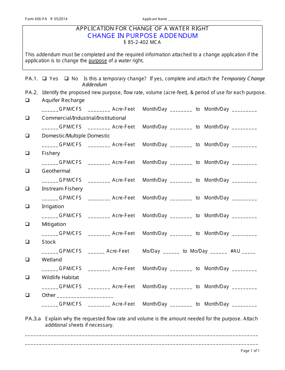 Form 606-PA Change in Purpose Addendum - Montana, Page 1