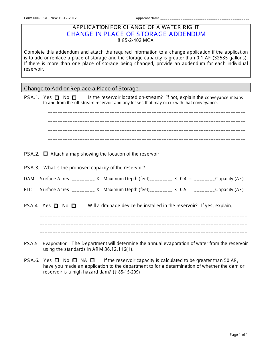 Form 606-PSA Change in Place of Storage Addendum - Montana, Page 1
