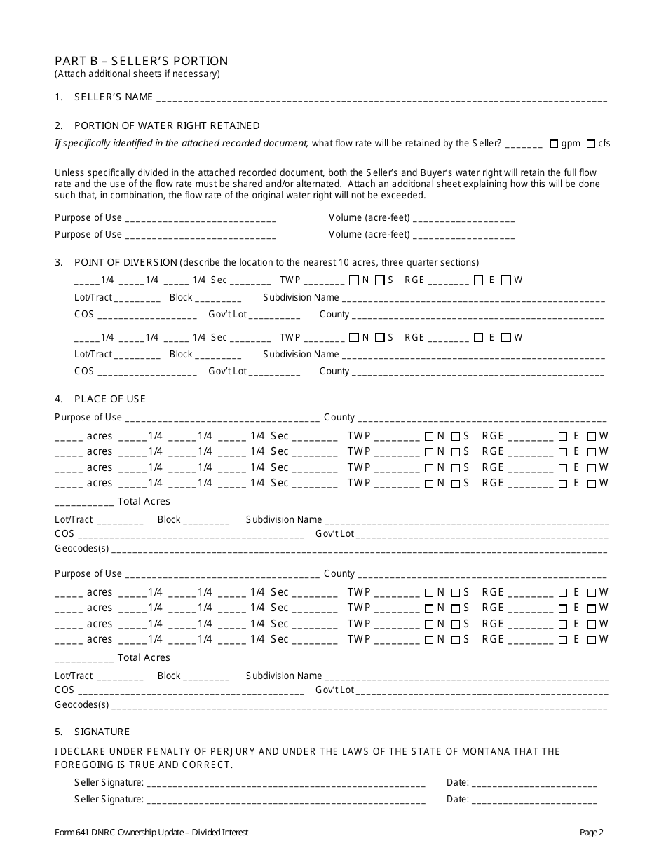Form 641 Dnrc Ownership Update Divided Interest - Montana, Page 2