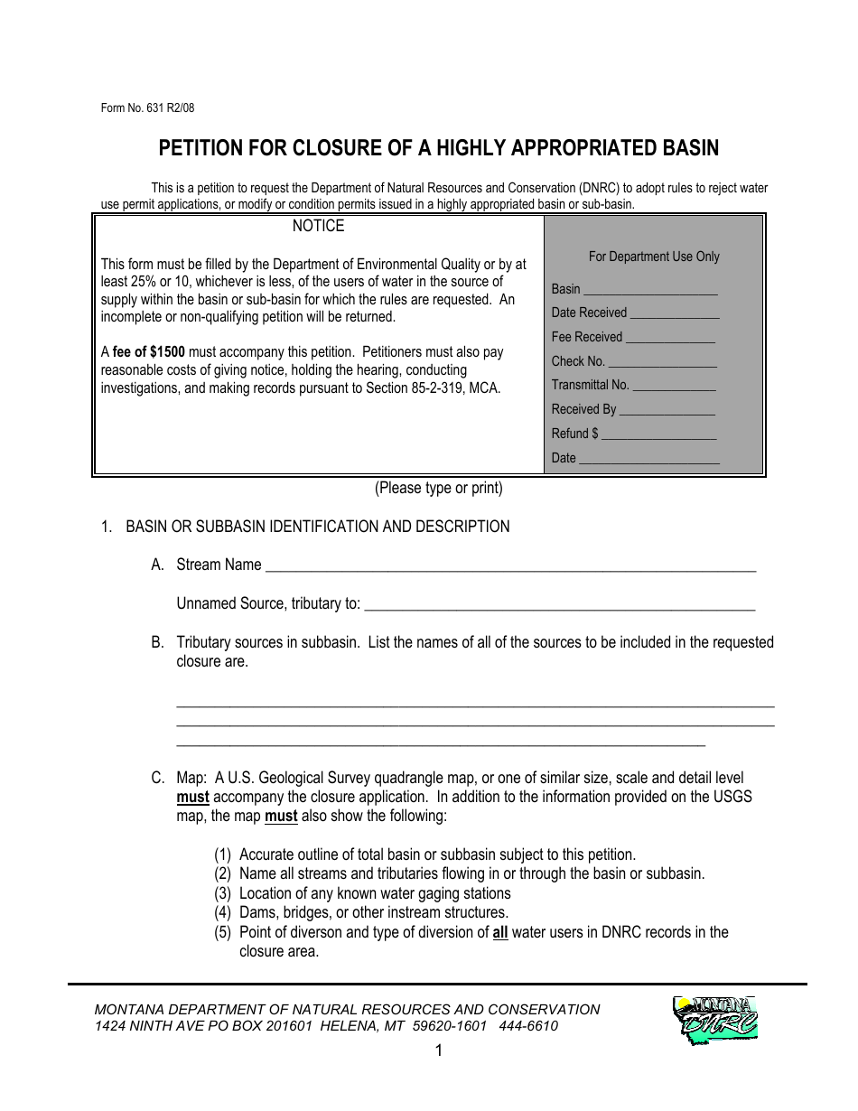 Form 631 Petition for Closure of a Highly Appropriated Basin - Montana, Page 1
