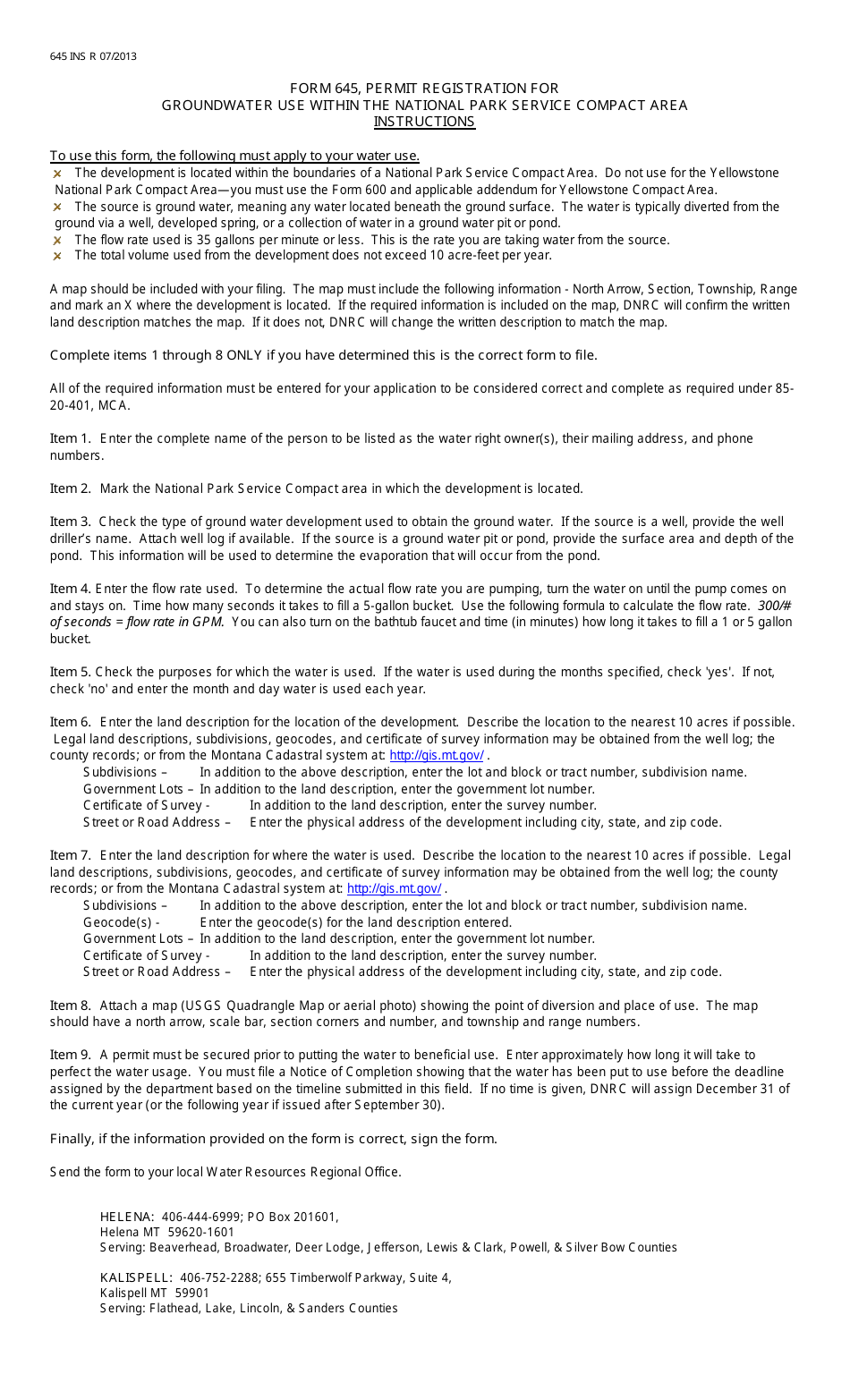 Form 645 Permit Registration for Groundwater Use Within the National Park Service Compact Area - Montana, Page 2