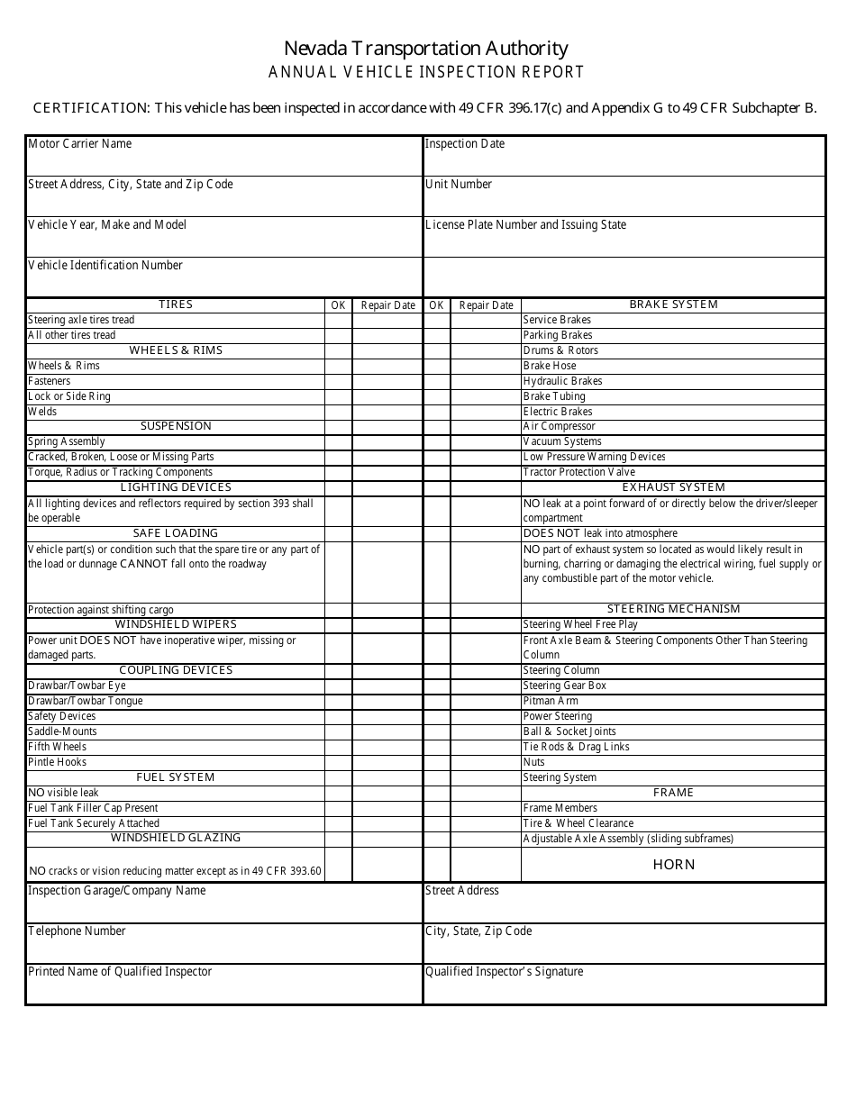 Annual Vehicle Inspection Report - Nevada, Page 1