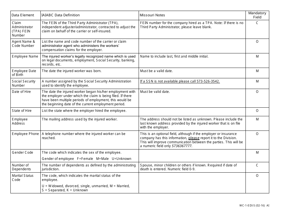 Form WC-1-EDI Report of Injury - Missouri, Page 5