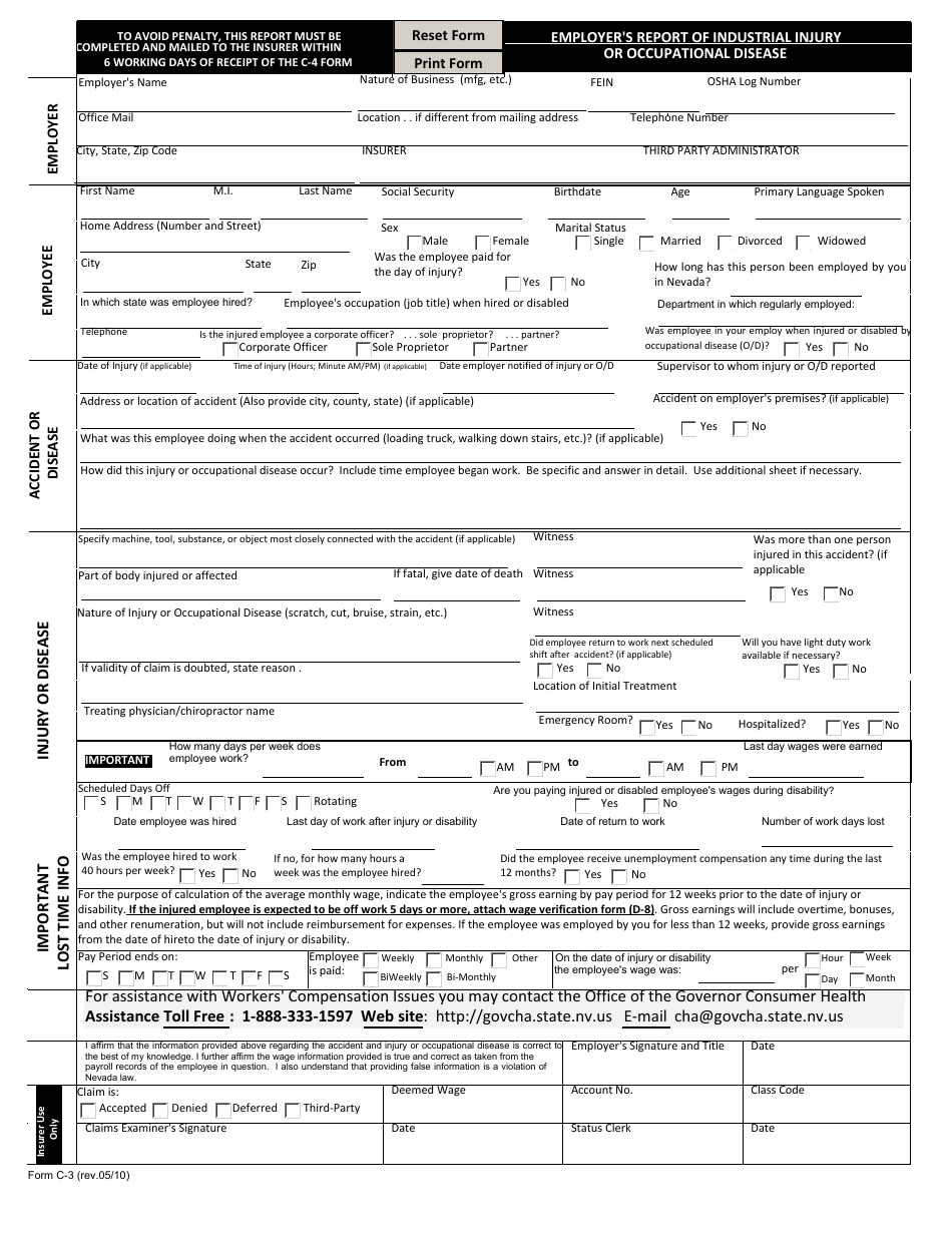 Form C-3 Employers Report of Industrial Injury or Occupational Disease - Nevada, Page 1