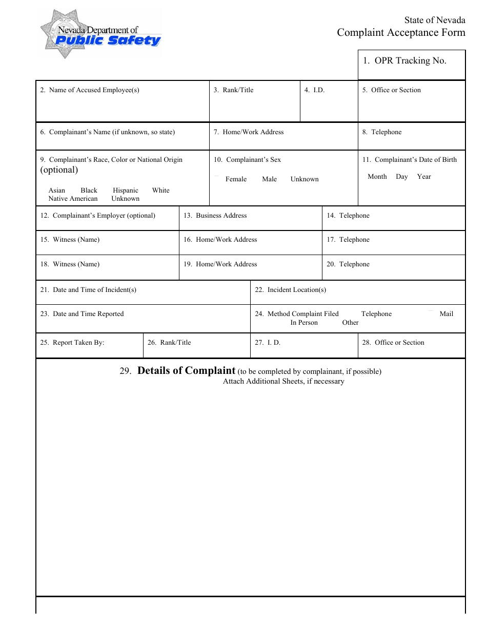 Form D0300 Complaint Acceptance Form - Nevada, Page 1