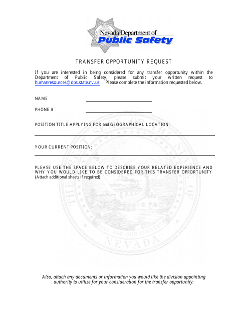 Transfer Opportunity Request - Nevada Download Pdf