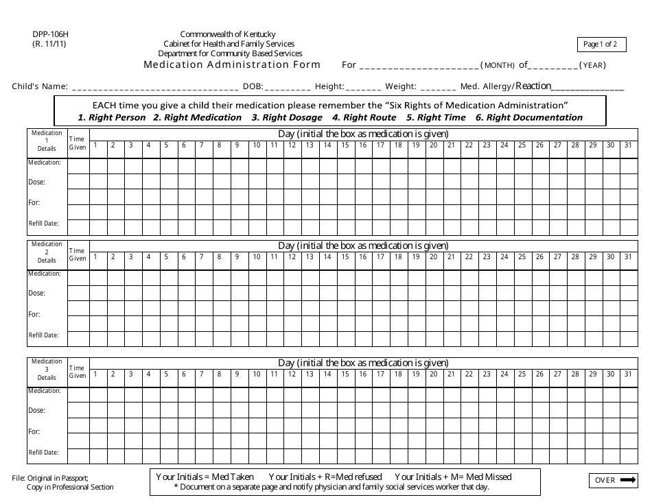 Form DPP-106H Medication Administration Form - Kentucky, Page 1