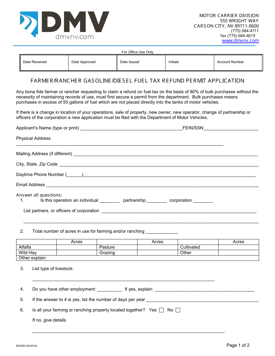 Form MC058 Farmer/Rancher Gasoline/Diesel Fuel Tax Refund Permit Application - Nevada, Page 1