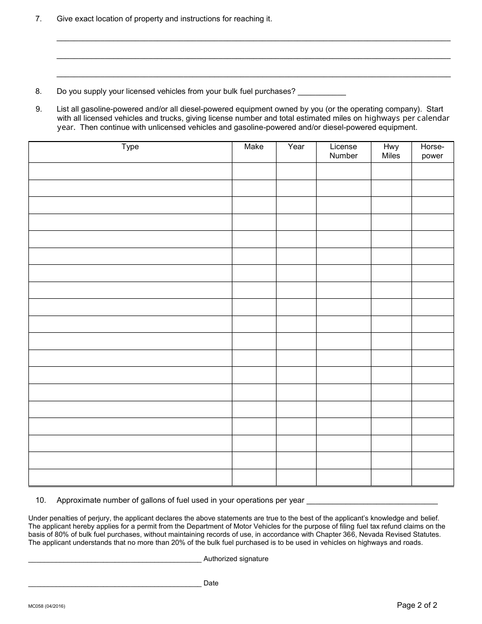Form MC058 Farmer / Rancher Gasoline / Diesel Fuel Tax Refund Permit Application - Nevada, Page 2