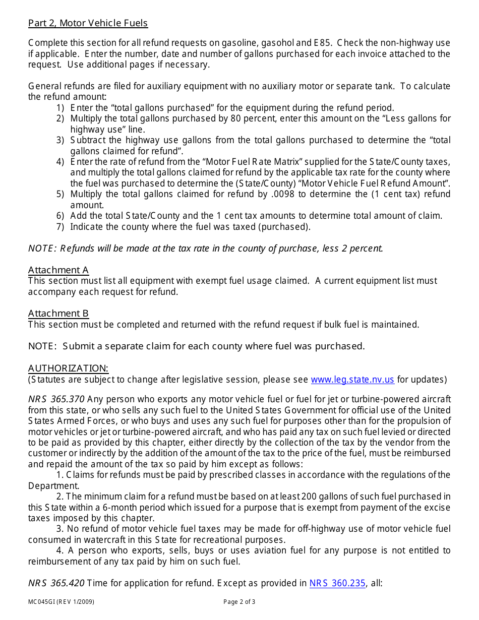 Instructions for Form MC045GI Motor Fuel Tax Refund Request Form - Nevada, Page 2