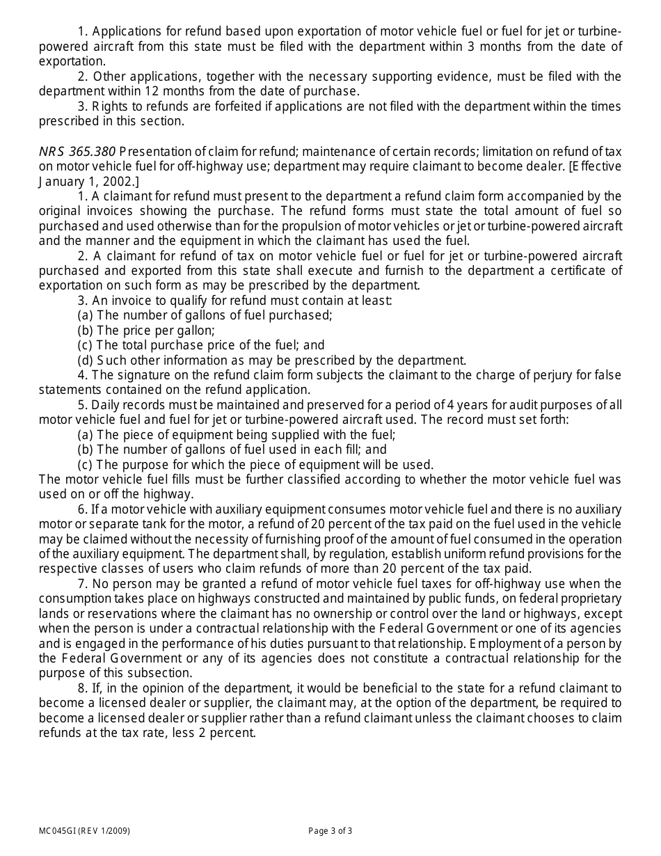 Instructions for Form MC045GI Motor Fuel Tax Refund Request Form - Nevada, Page 3
