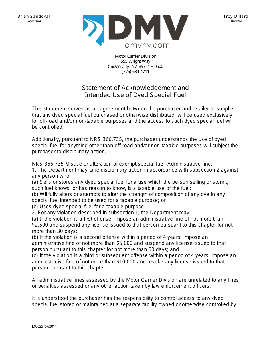 Form MC025 Statement of Acknowledgement and Intended Use of Dyed Special Fuel - Nevada, Page 1