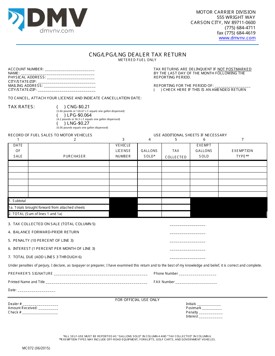 Form MC072 Cng/Lpg/Lng Dealer Tax Return - Nevada, Page 1