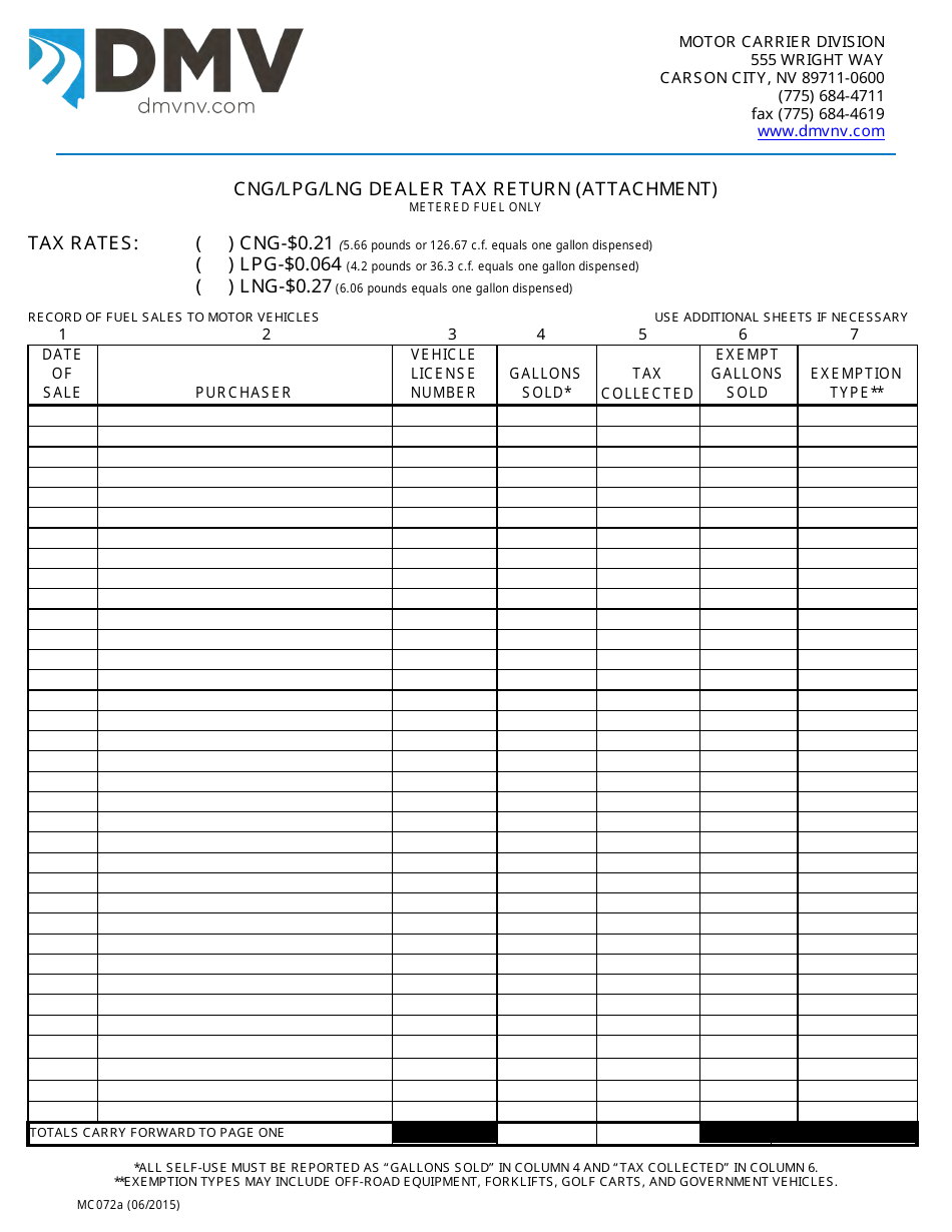 Form MC072 Cng / Lpg / Lng Dealer Tax Return - Nevada, Page 2