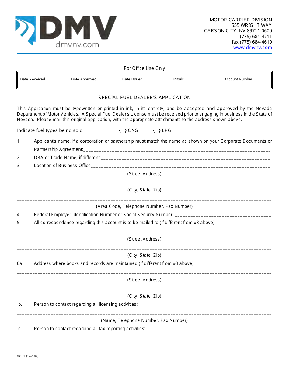 Form MC071 Special Fuel Dealers Application - Nevada, Page 1