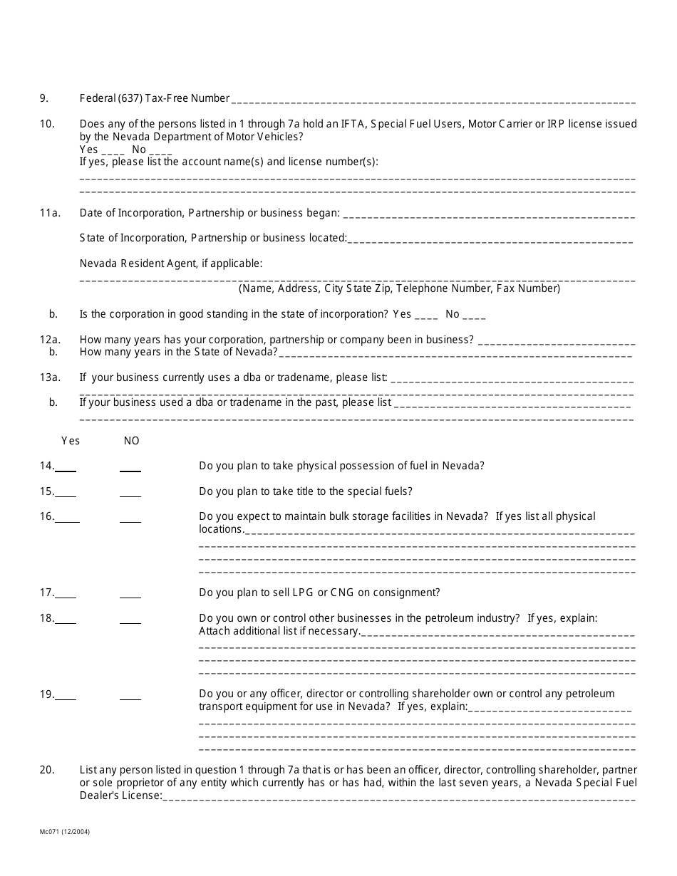 Form MC071 Special Fuel Dealers Application - Nevada, Page 3
